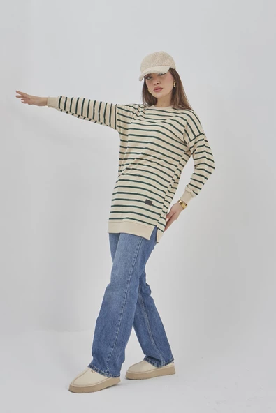 Kadın Çizgili Mevsimlik Bisiklet Yaka Tunik Sweatshirt - 8