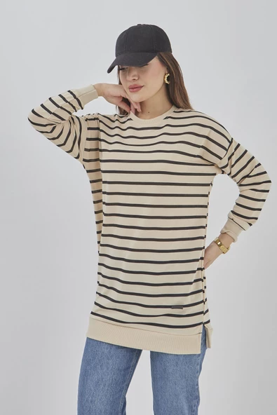 Kadın Çizgili Mevsimlik Bisiklet Yaka Tunik Sweatshirt - 4
