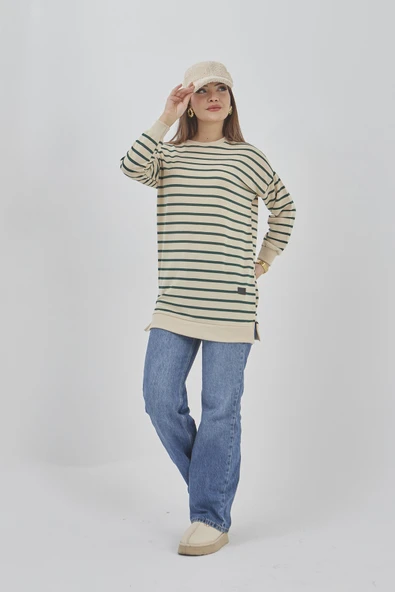 Kadın Çizgili Mevsimlik Bisiklet Yaka Tunik Sweatshirt - 7