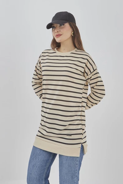 Kadın Çizgili Mevsimlik Bisiklet Yaka Tunik Sweatshirt - 5