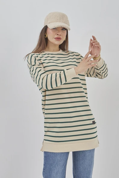 Kadın Çizgili Mevsimlik Bisiklet Yaka Tunik Sweatshirt - 6