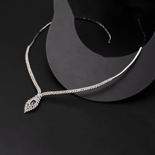 Safir Taşlı Kraliçe 14 Ayar Beyaz Altın Gerdanlık - Resim 4