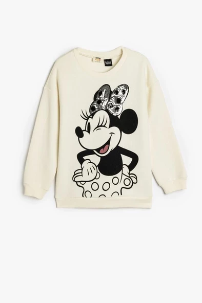 Koton Kız Çocuk Minnie Mouse Sweatshirt Lisanslı Pullu Payetli Uzun Kollu Bisiklet Yaka Şardonlu