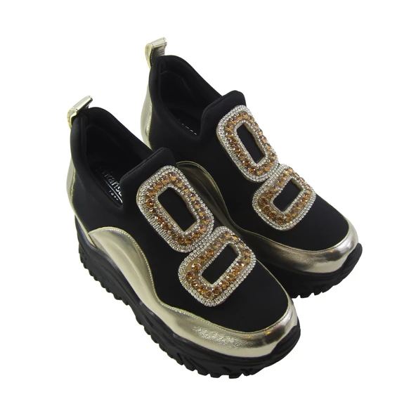 Erkan Saçmacı Almendra Altın Streç Taşlı Gizli Dolgu Topuklu Günlük Ayakkabı - 3