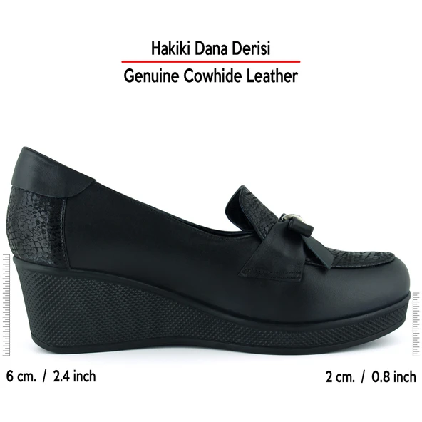 Erkan Saçmacı Emma Siyah Yılan Hakiki Dana Derisi Fiyonklu Yuvarlak Burun Dolgu Topuklu Günlük Ayakkabı - Resim 2
