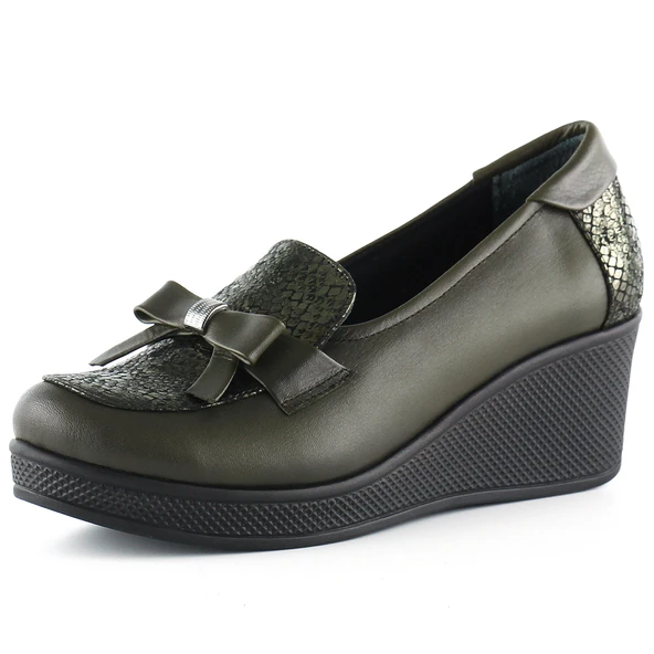 Erkan Saçmacı Emma Haki Yılan Hakiki Dana Derisi Fiyonklu Yuvarlak Burun Dolgu Topuklu Günlük Ayakkabı ürün görseli 1