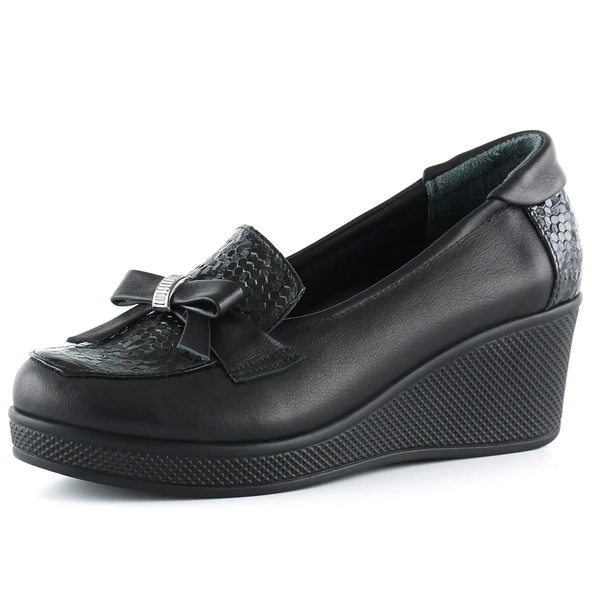 Erkan Saçmacı Emma Siyah Yılan Hakiki Dana Derisi Fiyonklu Yuvarlak Burun Dolgu Topuklu Günlük Ayakkabı ürün görseli 1