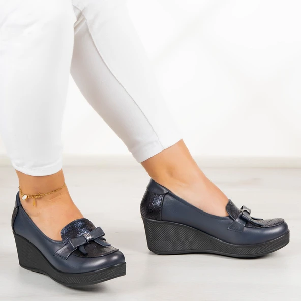 Erkan Saçmacı Emma Lacivert Hakiki Deri Dolgu Topuklu Günlük Ayakkabı - Resim 2