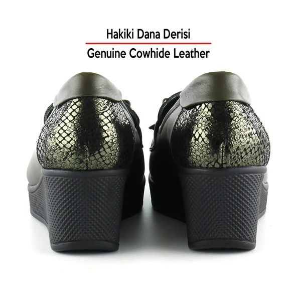 Erkan Saçmacı Emma Haki Yılan Hakiki Dana Derisi Fiyonklu Yuvarlak Burun Dolgu Topuklu Günlük Ayakkabı - Resim 6