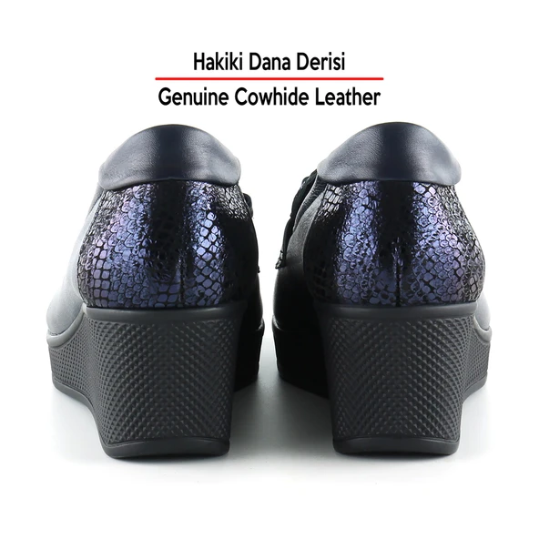 Erkan Saçmacı Emma Lacivert Yılan Hakiki Dana Derisi Fiyonklu Yuvarlak Burun Dolgu Topuklu Günlük Ayakkabı - Resim 6