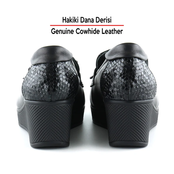 Erkan Saçmacı Emma Siyah Yılan Hakiki Dana Derisi Fiyonklu Yuvarlak Burun Dolgu Topuklu Günlük Ayakkabı - Resim 6