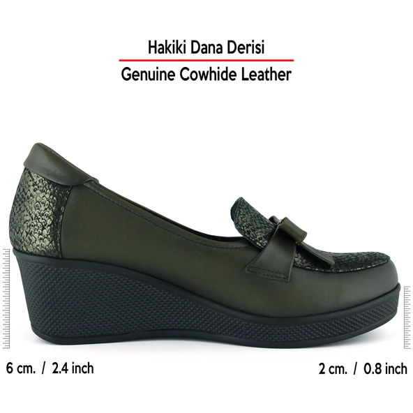 Erkan Saçmacı Emma Haki Yılan Hakiki Dana Derisi Fiyonklu Yuvarlak Burun Dolgu Topuklu Günlük Ayakkabı - Resim 2