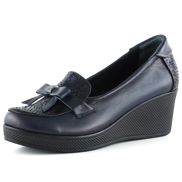 Erkan Saçmacı Emma Lacivert Yılan Hakiki Dana Derisi Fiyonklu Yuvarlak Burun Dolgu Topuklu Günlük Ayakkabı ürün görseli 1