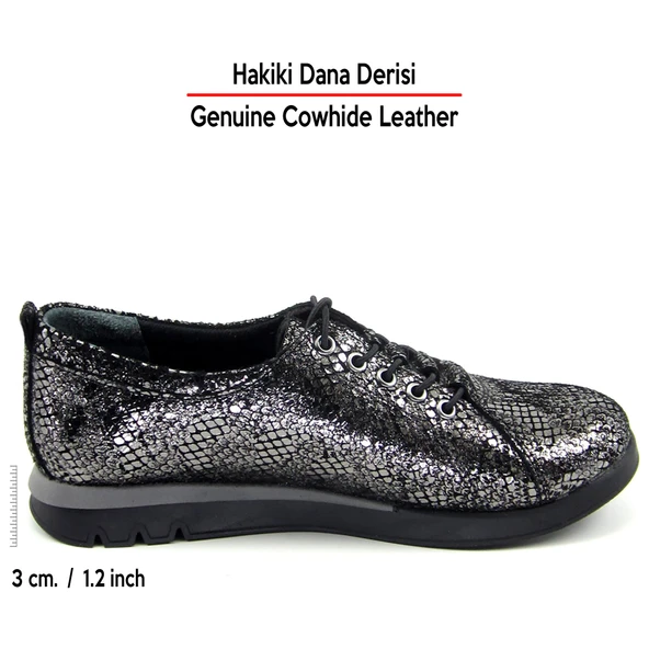 Erkan Saçmacı Khloe Gümüş Yılan Hakiki Dana Derisi Yuvarlak Burun Düz Taban Günlük Ayakkabı - Resim 2