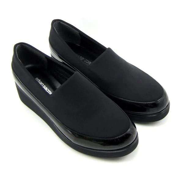 Erkan Saçmacı Larisa Siyah Rugan Ön Yüz Streç Dolgu Topuklu Günlük Ayakkabı