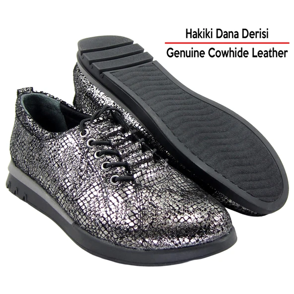 Erkan Saçmacı Khloe Gümüş Yılan Hakiki Dana Derisi Yuvarlak Burun Düz Taban Günlük Ayakkabı - Resim 6