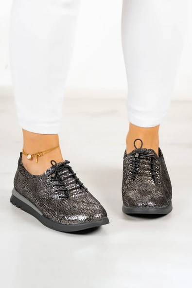 Erkan Saçmacı Khloe Gümüş Yılan Hakiki Dana Derisi Yuvarlak Burun Düz Taban Günlük Ayakkabı - Resim 3