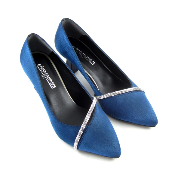 Erkan Saçmacı Shimeca Lacivert Saten Taşlı Sivri Burun İnce Topuklu Abiye Ayakkabı - Resim 3