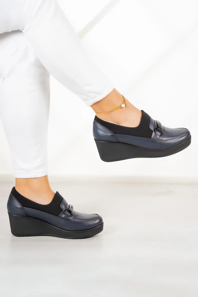 Erkan Saçmacı Catherine Lacivert Hakiki Dana Derisi Dolgu Topuklu Streç Günlük Ayakkabı ürün görseli