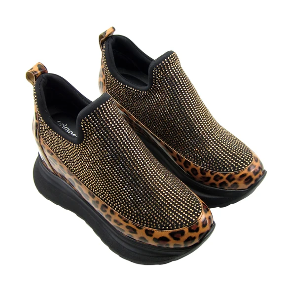 Erkan Saçmacı Daciana Siyah Leopar Taşlı Streç Gizli Dolgu Topuklu Günlük Ayakkabı - 3