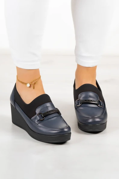 Erkan Saçmacı Catherine Lacivert Hakiki Dana Derisi Dolgu Topuklu Streç Günlük Ayakkabı - Resim 3