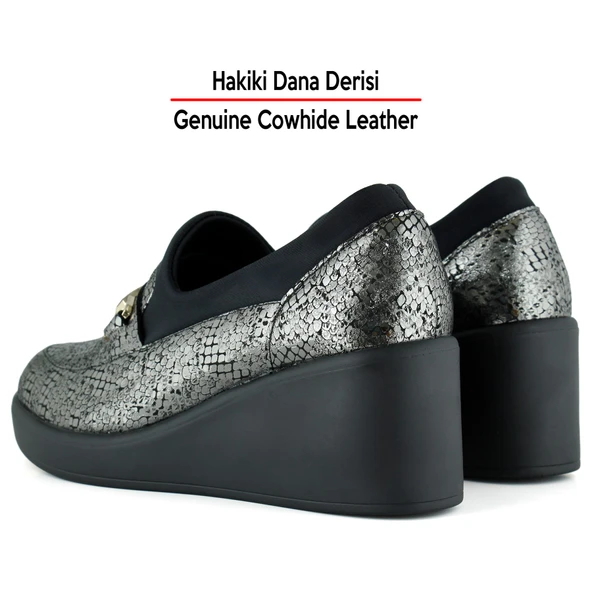 Erkan Saçmacı Catherine Gümüş Yılan Hakiki Dana Derisi Dolgu Topuklu Streç Günlük Ayakkabı - Resim 5