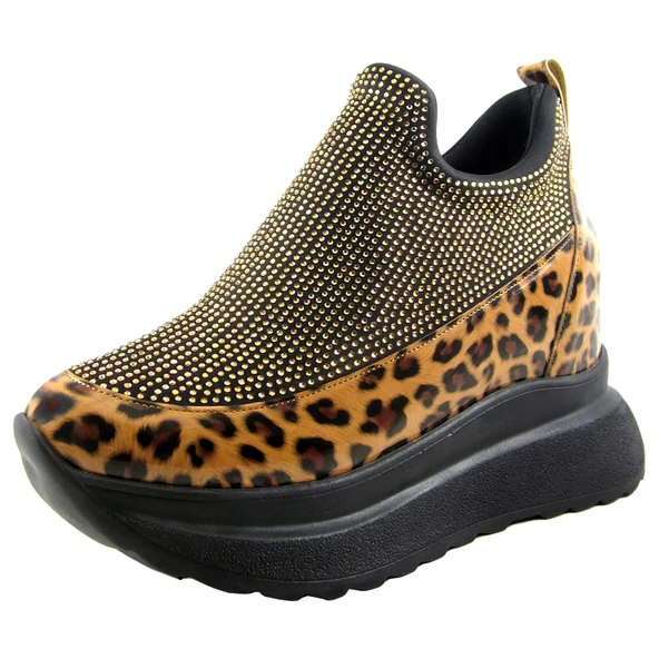 Erkan Saçmacı Daciana Siyah Leopar Taşlı Streç Gizli Dolgu Topuklu Günlük Ayakkabı