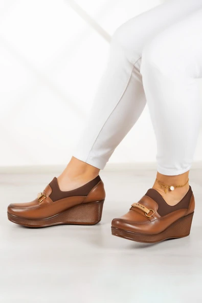 Erkan Saçmacı Catherine Taba Hakiki Dana Derisi Dolgu Topuklu Streç Günlük Ayakkabı - 5