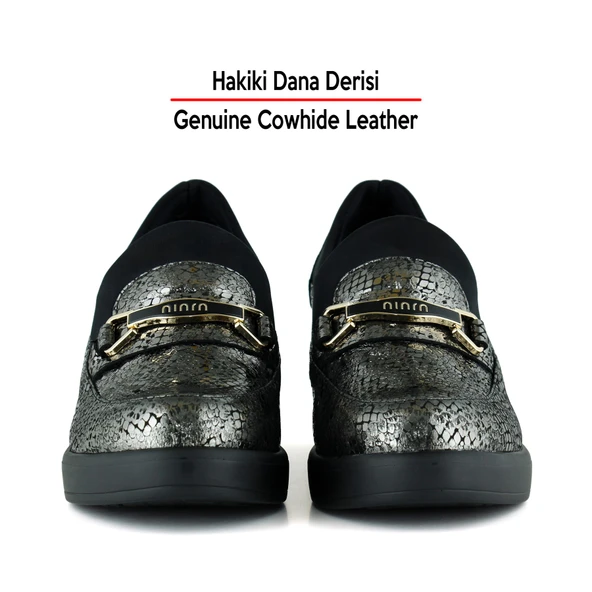 Erkan Saçmacı Catherine Gümüş Yılan Hakiki Dana Derisi Dolgu Topuklu Streç Günlük Ayakkabı - Resim 4