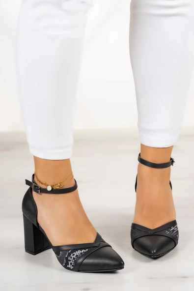 Erkan Saçmacı Diana Siyah Yılan Fileli Kalın Topuklu Ayakkabı - 3