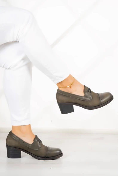 Erkan Saçmacı Mellody Haki Hakiki Deri Günlük Topuklu Ayakkabı