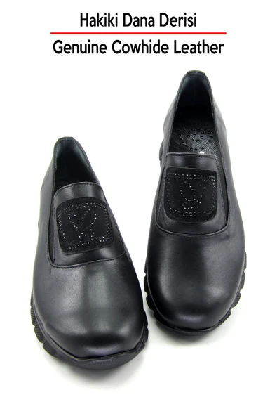 Erkan Saçmacı Morena Siyah Hakiki Dana Derisi Taşlı Yuvarlak Burun Günlük Ayakkabı - Resim 4