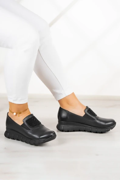 Erkan Saçmacı Morena Siyah Hakiki Dana Derisi Taşlı Yuvarlak Burun Günlük Ayakkabı - Resim 5