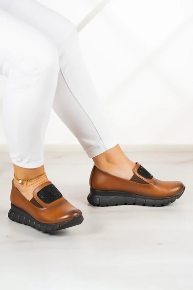 Erkan Saçmacı Morena Taba Hakiki Dana Derisi Taşlı Yuvarlak Burun Günlük Ayakkabı - Resim 5