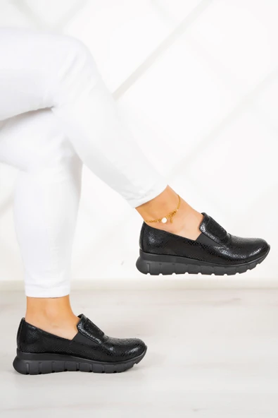 Erkan Saçmacı Morena Siyah Yılan Hakiki Deri Taşlı Günlük Ayakkabı