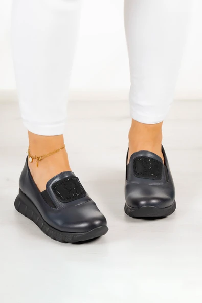 Erkan Saçmacı Morena Lacivert Dana Derisi Taşlı Yuvarlak Burun Günlük Ayakkabı - Resim 3