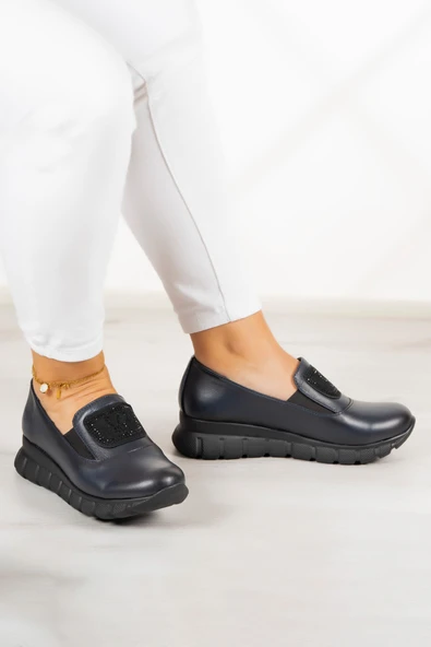 Erkan Saçmacı Morena Lacivert Dana Derisi Taşlı Yuvarlak Burun Günlük Ayakkabı - Resim 5