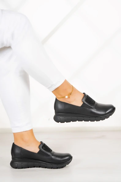 Erkan Saçmacı Morena Siyah Hakiki Deri Taşlı Günlük Ayakkabı