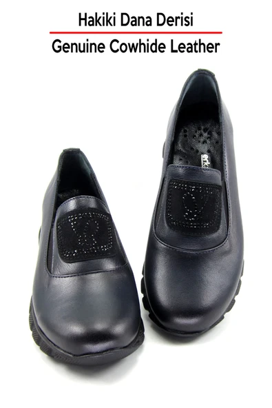 Erkan Saçmacı Morena Lacivert Dana Derisi Taşlı Yuvarlak Burun Günlük Ayakkabı - Resim 4