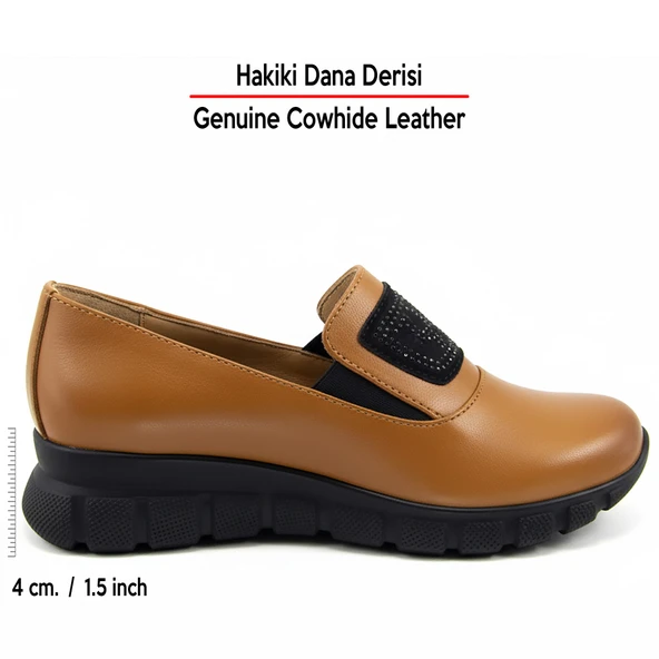 Erkan Saçmacı Morena Taba Hakiki Dana Derisi Taşlı Yuvarlak Burun Günlük Ayakkabı - Resim 2