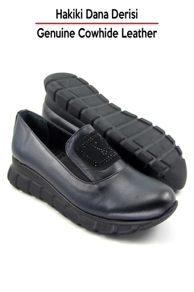 Erkan Saçmacı Morena Lacivert Dana Derisi Taşlı Yuvarlak Burun Günlük Ayakkabı - Resim 6