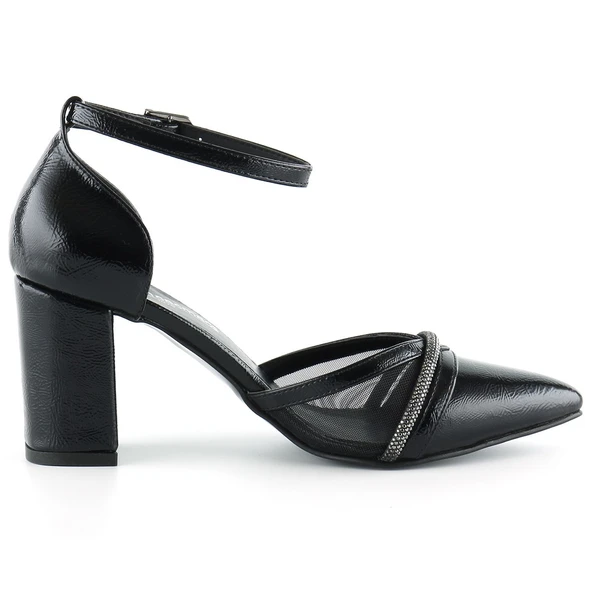Erkan Saçmacı Molly Siyah Rugan Taşlı Fileli Kalın Topuklu Ayakkabı - Resim 2