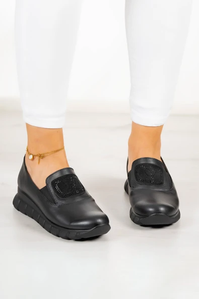 Erkan Saçmacı Morena Siyah Hakiki Dana Derisi Taşlı Yuvarlak Burun Günlük Ayakkabı - Resim 3