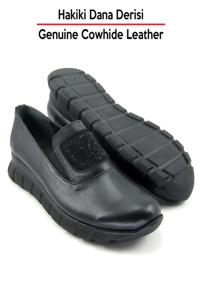 Erkan Saçmacı Morena Siyah Hakiki Dana Derisi Taşlı Yuvarlak Burun Günlük Ayakkabı - Resim 6