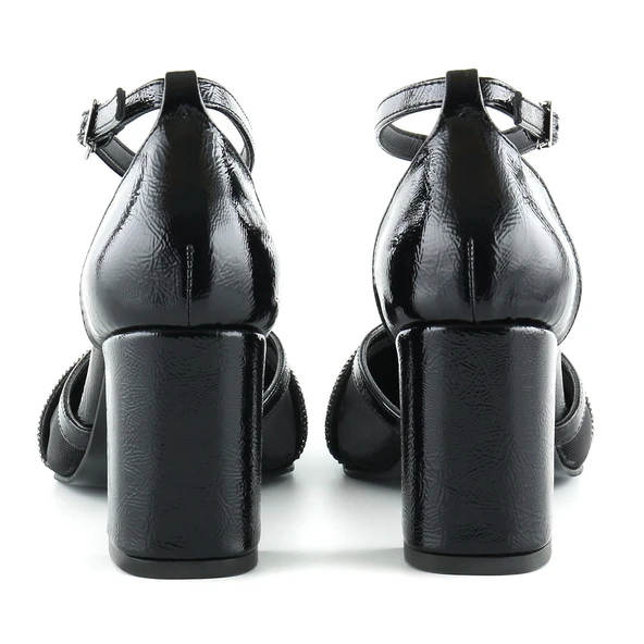 Erkan Saçmacı Molly Siyah Rugan Taşlı Fileli Kalın Topuklu Ayakkabı - Resim 3