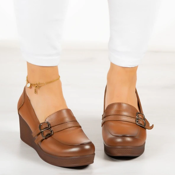 Erkan Saçmacı Taylor Taba Hakiki Deri Dolgu Topuklu Günlük Ayakkabı - Resim 4