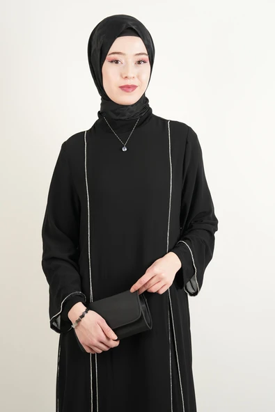 Büyük Beden Abiye Yırtmaç Detaylı 2 li Sandy Şifon Tüllü Abiye Siyah - Resim 4