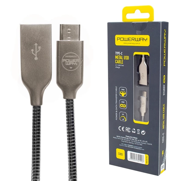 POWERWAY CX-03 TYPE-C METAL ŞARJ VE DATA KABLOSU 2000 MA ürün görseli 1