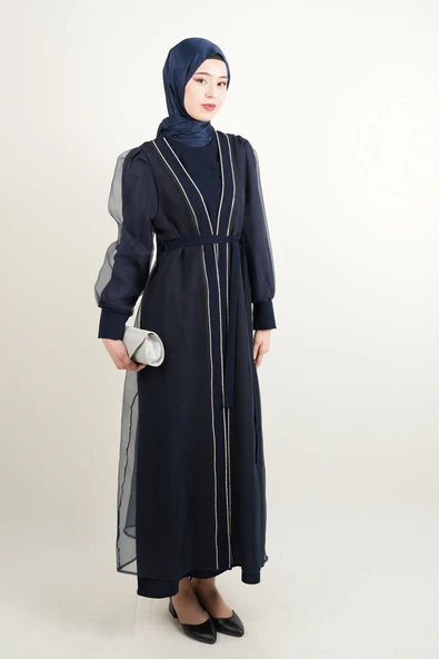 Büyük Beden Abiye Ön Taş Dizi Tül Abaya Lacivert - 2