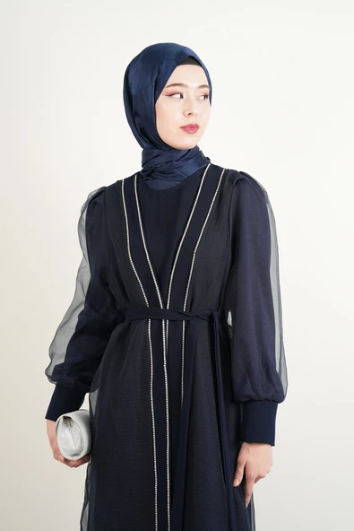 Büyük Beden Abiye Ön Taş Dizi Tül Abaya Lacivert - 4